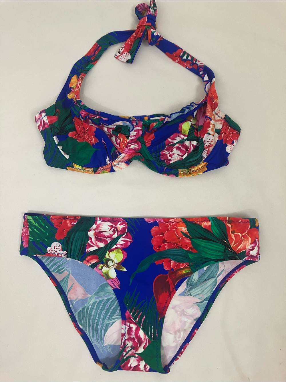 Pour Moi Tropical Floral Blue Halter Bikini Set Women’s Size 10